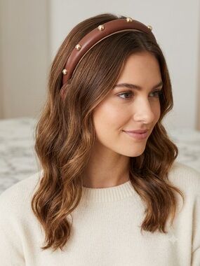 NWT Berry Brown Faux Leather Gold Stud Padded Headband Wide Designer Inspired